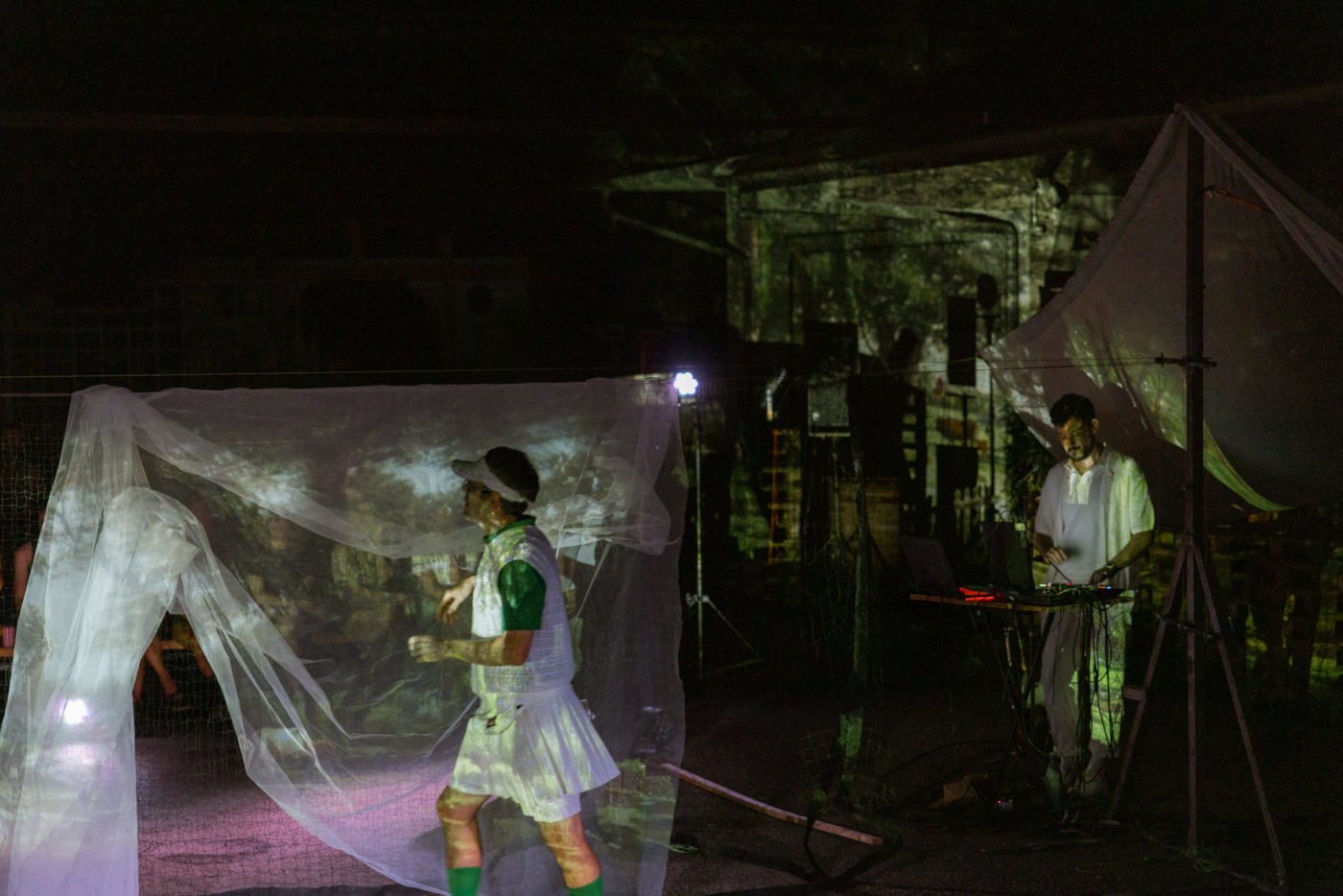 On the left, an artist comes close to a net where a green and blurred image of nature is projected. On the right, a musician stands behind his computer and produces sounds.
