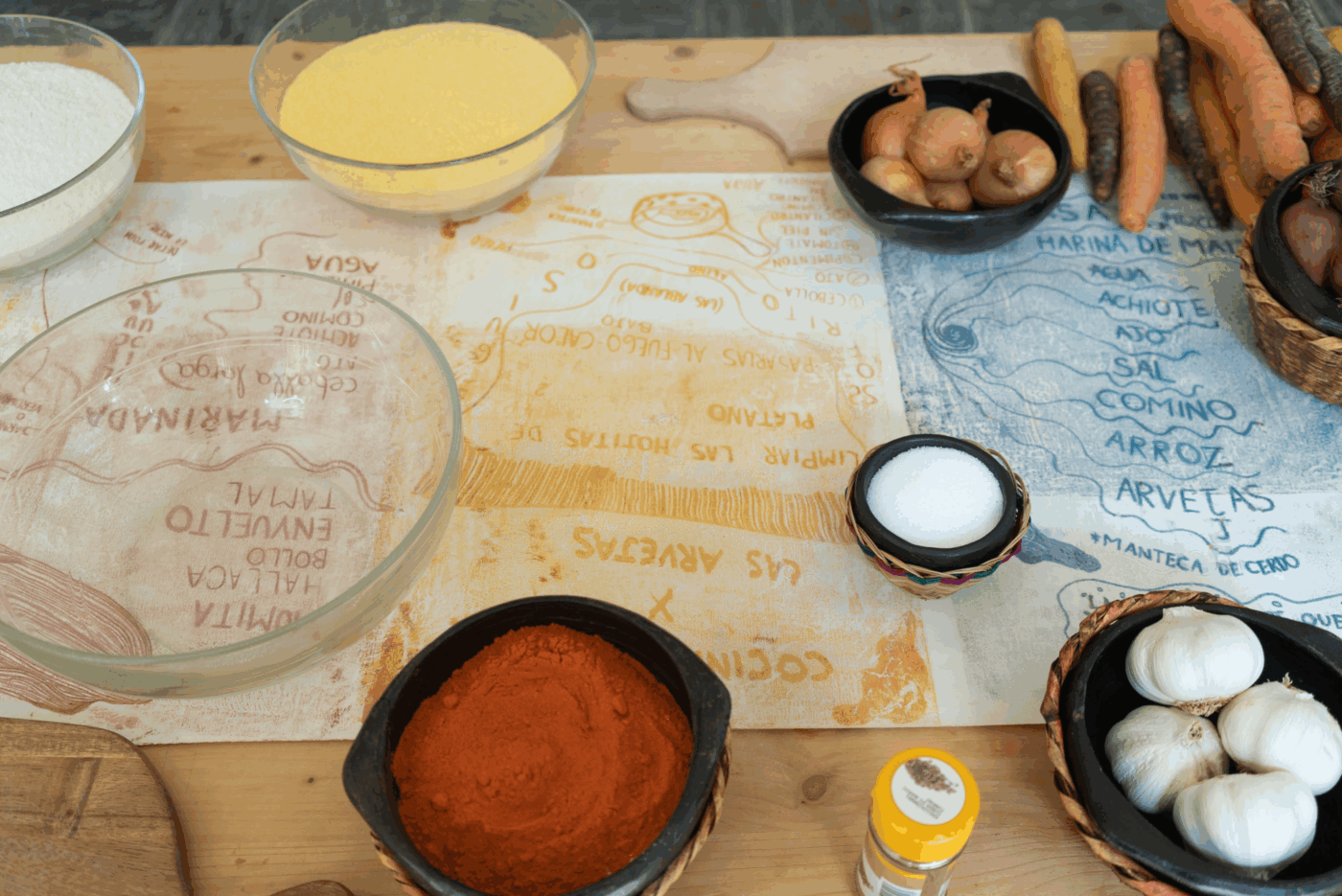 Several ingredients are laid out on a wooden table. These are the ingredients needed to prepare tamal.