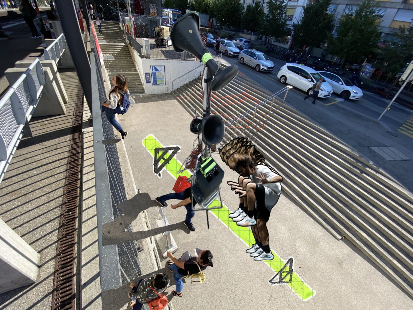 A montage showing Ametonyo Silva performing near the Nyon train station. The montage combines photography and illustration.